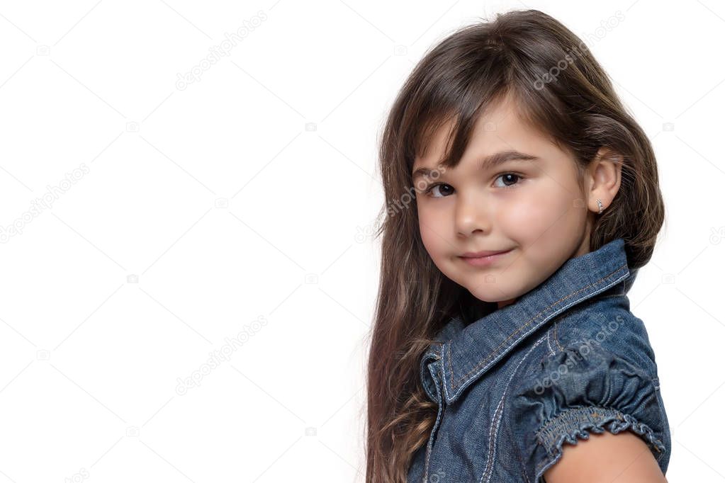 Portrait of long haired brunette little girl isolated