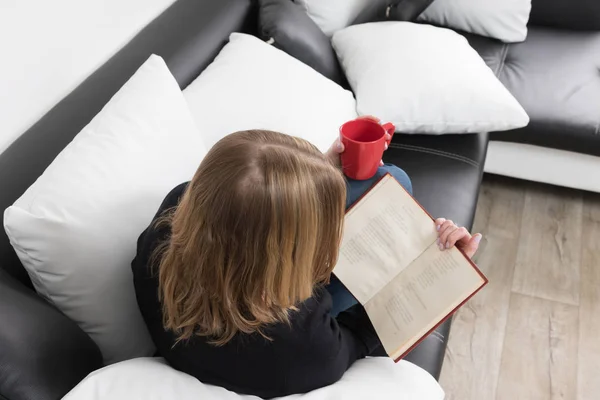 Vista aérea de una joven leyendo un libro — Foto de Stock