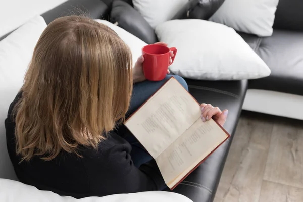 Vista trasera de una joven leyendo un libro en un sofá — Foto de Stock