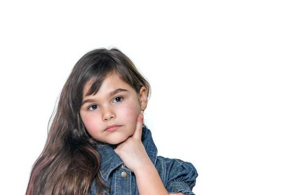 Portrait of thoughtful little girl isolated on the white backgro — Stock Photo, Image