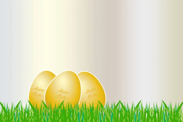 Tres huevos dorados de Pascua yaciendo en la hierba — Vector de stock