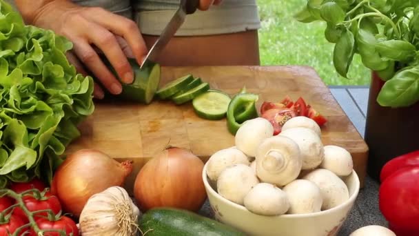 Vrouw snijden komkommer op een houten bord — Stockvideo
