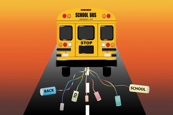 Okula geri yazıt ile bağlı kutular ile okul otobüsü — Stok Vektör