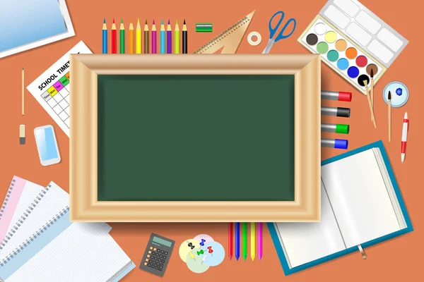 Üres zöld chalkboard van körülvéve iskolai felszerelések. — Stock Vector