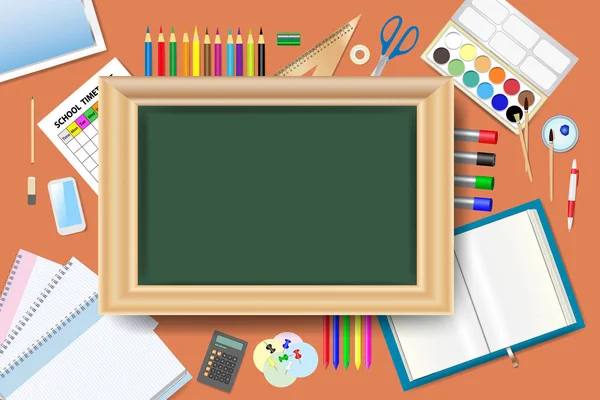 Blank green chalkboard is surrounded by school equipment. — Stock Vector