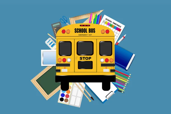 Schoolbenodigdheden rond de gele schoolbus — Stockvector