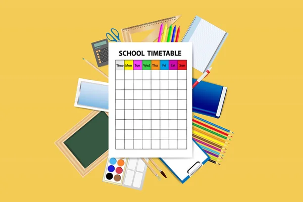 School supplies around the empty school timetable — Stock Vector