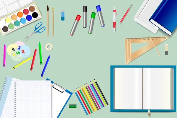 School supplies on the green background — Stock Vector