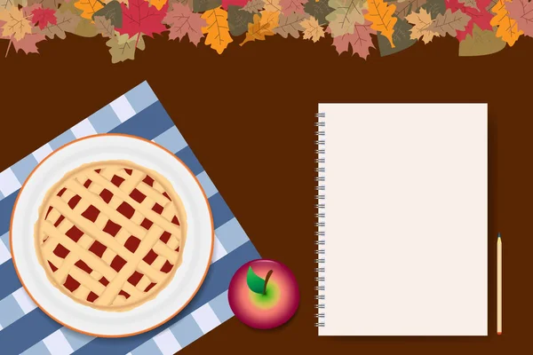 Tarte aux pommes avec bloc-notes vierge prêt pour votre texte — Image vectorielle