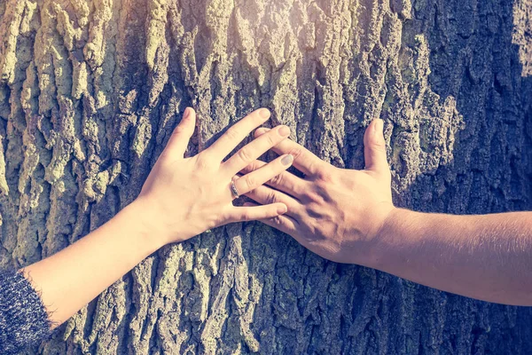 Le mani di un uomo e di una donna che reggono una croce su un tronco d'albero — Foto Stock