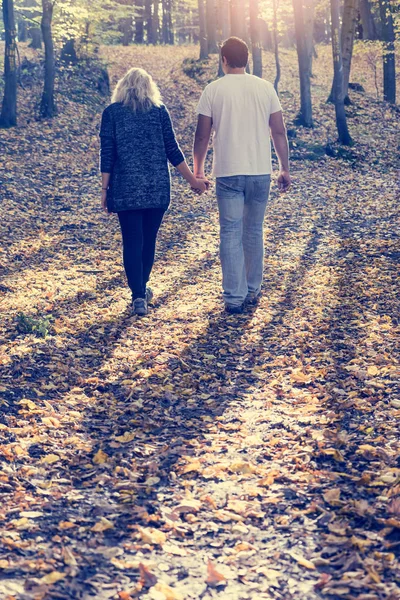 Pareja joven con un perro paseando en el parque de otoño —  Fotos de Stock