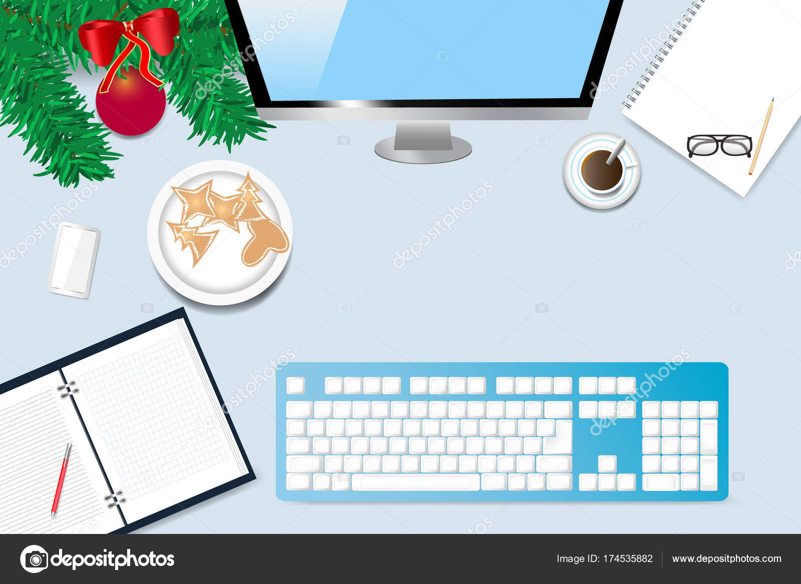 Office Desk With Christmas Decoration And Office Accessories