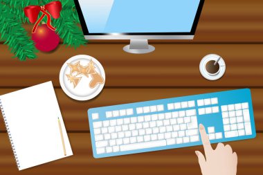 Noel dekorasyonu, Pc ekran ve klavye ile ahşap masa