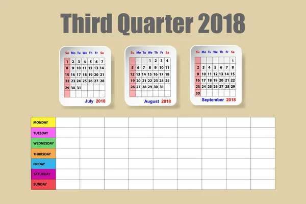 Календарь на третий квартал 2018 года с еженедельным sche — стоковый вектор