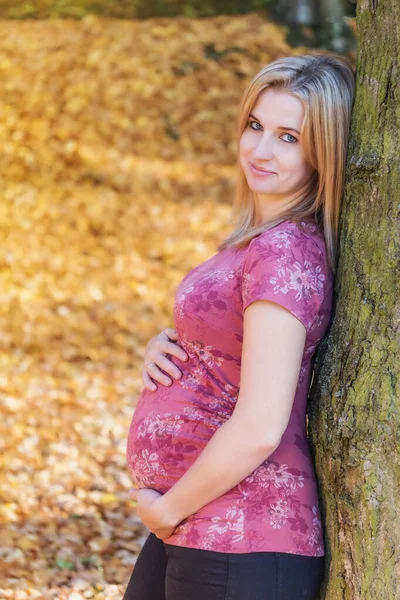 Une femme enceinte se tient debout et s'appuie sur un arbre — Photo