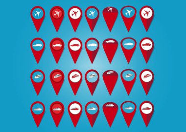 Taşıma simgelerine sahip farklı tür harita işaretleyicileri kümesi