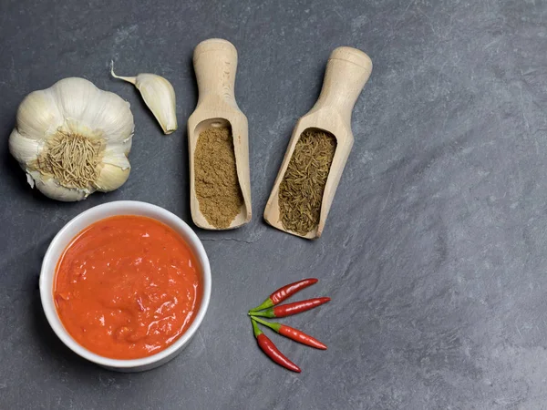 Salsa Harissa, cilantro, comino romano, ajo y chiles — Foto de Stock