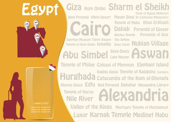 Ταξίδι στην Αίγυπτο πρότυπο διάνυσμα με τα ονόματα των διάσημων αιγυπτιακή la — Διανυσματικό Αρχείο
