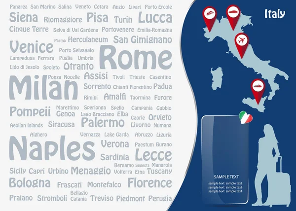 Travel to Italy template vector with names of famous Italiian la — Stock Vector