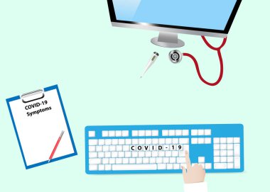Coronavirus hastalığı konsepti vektörü üzerinde Covid-19 yazan doktor ve bilgisayar klavyesini gösteriyor.