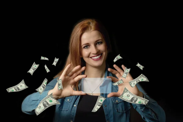 Young Woman Holding Blue Transparent Rectangle Ready Your Text Dollar — Stock Photo, Image