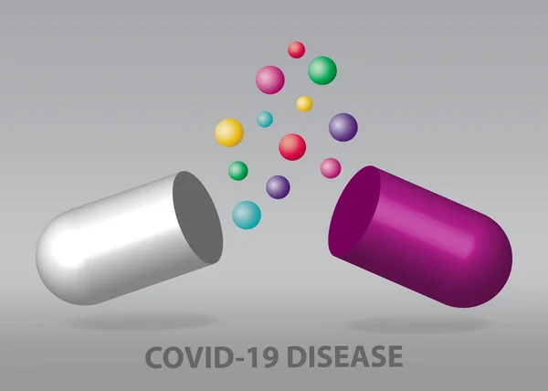 Desenvolvimento Drogas Para Vetor Conceito Covid Mostrando Metade Cápsula Com —  Vetores de Stock