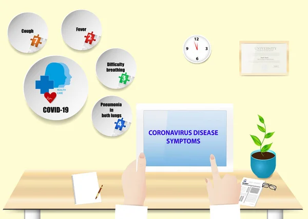 Médico Sostiene Una Tableta Con Inscripción Covid Síntomas Cuatro Síntomas — Archivo Imágenes Vectoriales