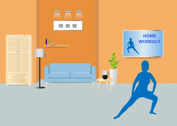 Silhouette Femme Exercice Fitness Par Programme Télévision Dans Salon — Image vectorielle
