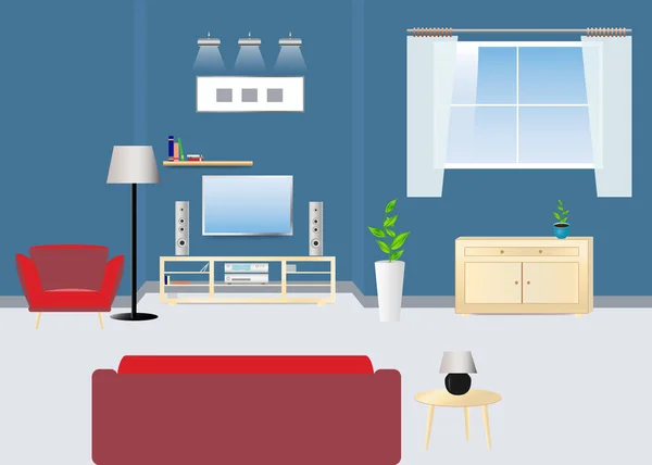 空荡荡的客厅 沙发面对着电视和高保真电视机 木箱抽屉在窗下 概念向量已准备好供您使用 — 图库矢量图片