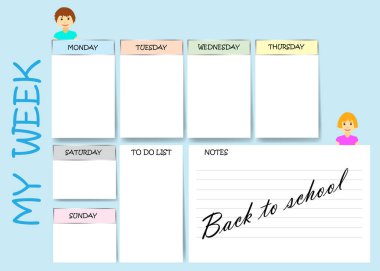 Mavi arka planda, okul için hafta planlayıcım. Hafta Pazar başlıyor.