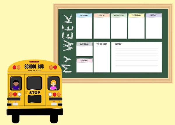 Okul Tahtasındaki Haftalık Planlamacı Çocukları Taşıyan Sarı Okul Otobüsü — Stok Vektör