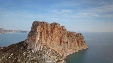 Aerial view in Calpe, symbol of Calpe town, 4k footage. Province of Alicante, Costa Blanca, Spain