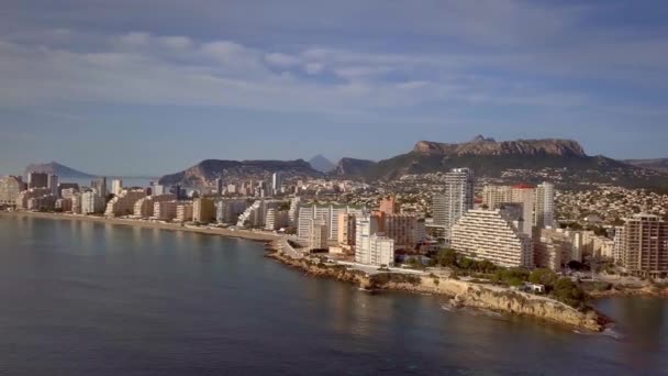 Aerial beautiful view. Residential houses by the sea in the touristic town of Calp in Alicante Spain — Stock Video