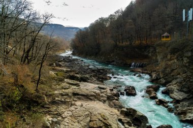Dağ nehir, taşlı alt, yeşil su, sonbahar, dağlar.