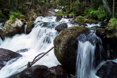 Nehir dağlar, orman, taşlar.