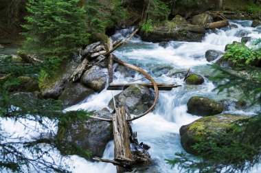 Dağ nehir düştü ağaç bir devin yay gibi görünüyor.