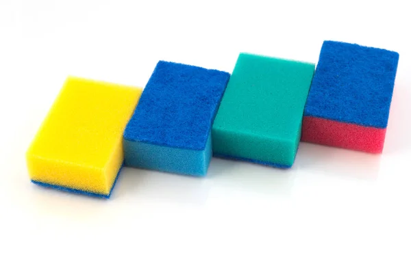 Four Soft Sponges Made Foam Rubber Cleaning Contaminants Laid Zigzag Stock Image