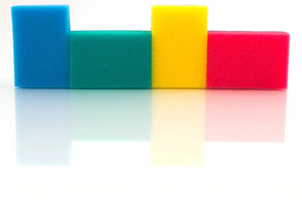 Four Soft Multicolored Sponge Foam Rubber Cleaning Surfaces Dirt Reflection — Stock Photo, Image
