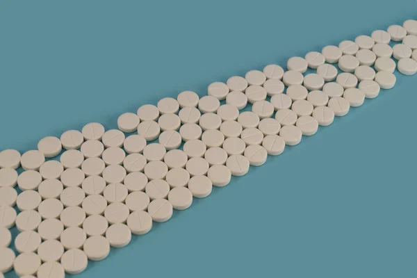 Tabletta Fehér Színű Kerek Lefektetett Egy Csíkot Kék Háttér — Stock Fotó