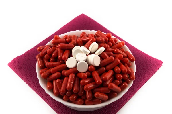 Pequeño Puñado Comprimidos Blancos Redondos Apilados Encima Gran Número Cápsulas — Foto de Stock