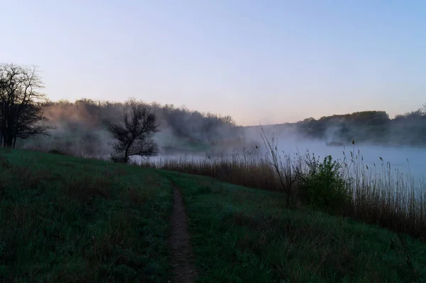 Νωρίς Πρωί Στη Λίμνη Ομίχλη Στην Επιφάνεια Του Νερού Ένα — Φωτογραφία Αρχείου