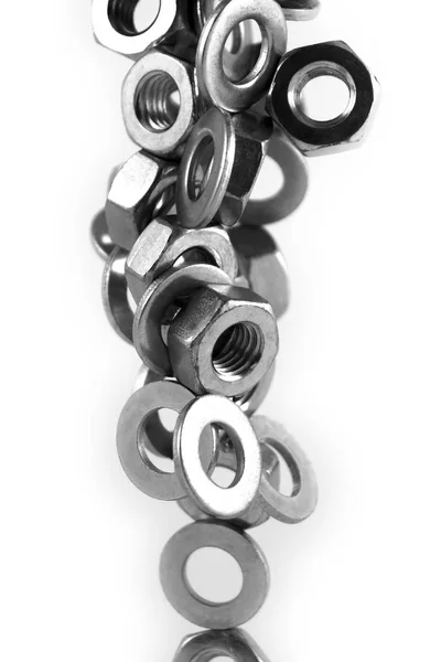 Falling Hexagonal Nuts Washers Steel — Stock Photo, Image