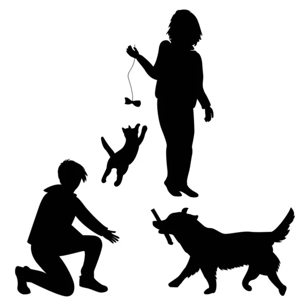 Des Silhouettes Hommes Femmes Chat Chien Jeux Avec Les Animaux — Image vectorielle