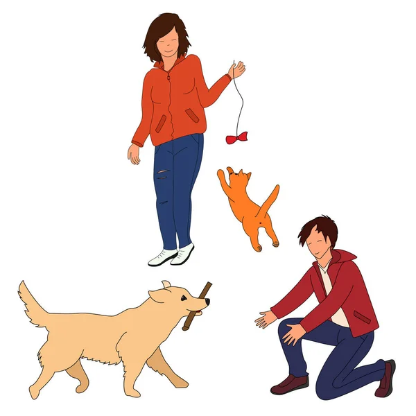 男人和女人玩她的猫和狗 生活方式宠物 训练狗 黄金猎犬 — 图库矢量图片