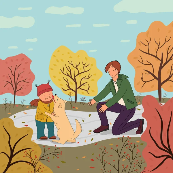 Отец Сын Гуляют Осеннем Парке Своей Собакой Собака Лижет Мальчику — стоковый вектор