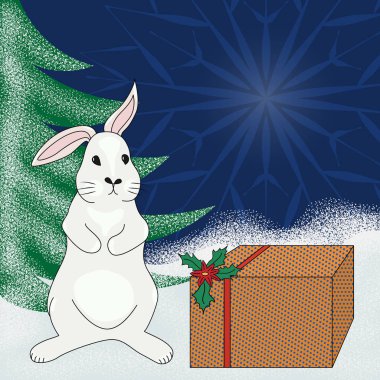 Noel hediyeleriyle birlikte büyük bir kutunun yanında karlı arka planda Noel tavşanı. Mavi arka planda, karda yeşil Noel ağacı. Tebrik kartı şablonu. Düz biçim, vektör.
