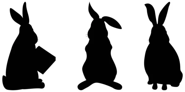 Set Tre Christmas Rabbit Siluett Svart Vit Bakgrund Uppsättning Element — Stock vektor