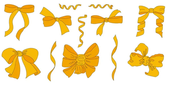 金色缎带和白色背景的蝴蝶结 装饰礼物的元素 设计贺卡 矢量弓和缎带呈扁平黄色 一套缎子做的饰物 — 图库矢量图片