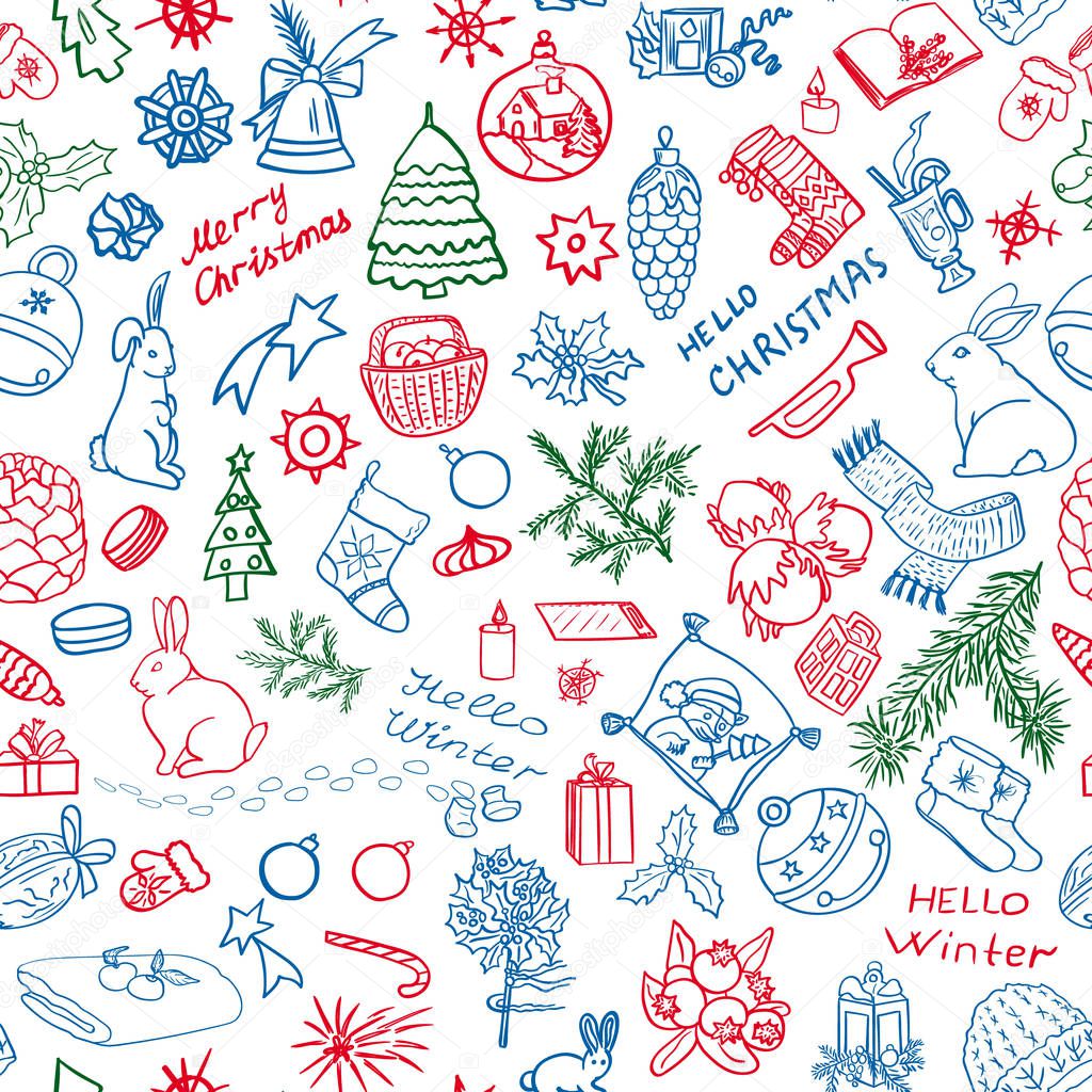 Items for Christmas and New Year doodle style. Vector seamless pattern for design on the theme of the Christmas holidays. Background for printing on fabric, wrapping paper, greeting card.