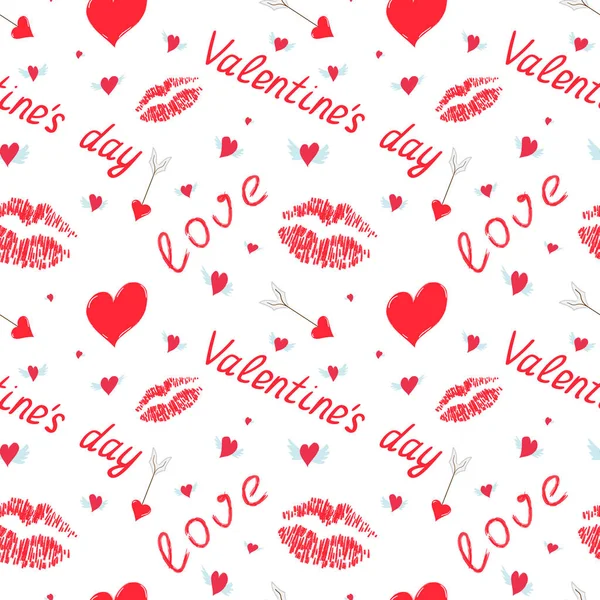 Beyaz zemin üzerinde kırmızı elementler olan kusursuz desen - ruj izi, kanatlı kalp, uçan oklar, metin: 